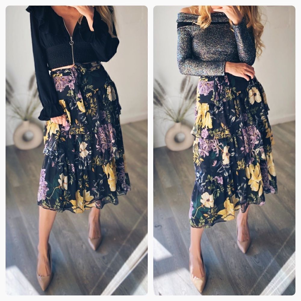 Mango Floral Print Layered Skirt Belted Frills - Picture 2 of 6